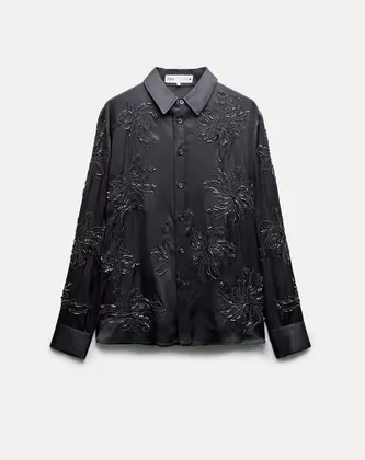 Camisa Negra Zara Bordada Canutillos Mujer